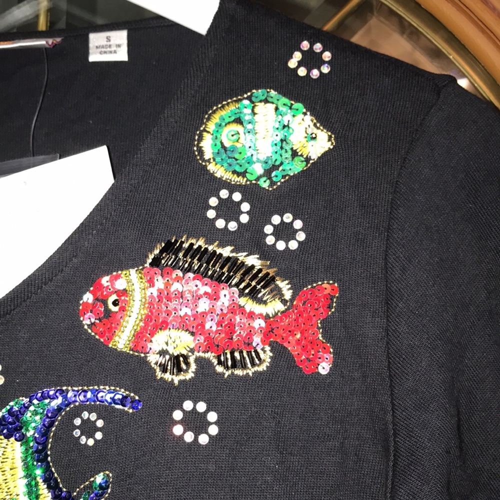 Vintage Quacker Factory Black Hand Beaded Tropical Fish Elbow Sleeve Blouse - Picture 7 of 16